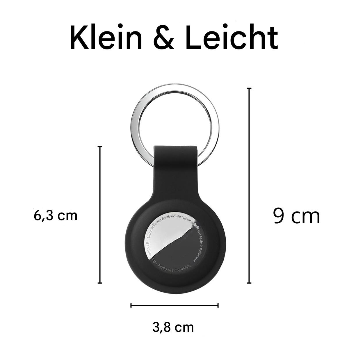 AirTag mit Abmessungen in cm: 6,3 x 3,8 x 9. Text: Klein & Leicht.