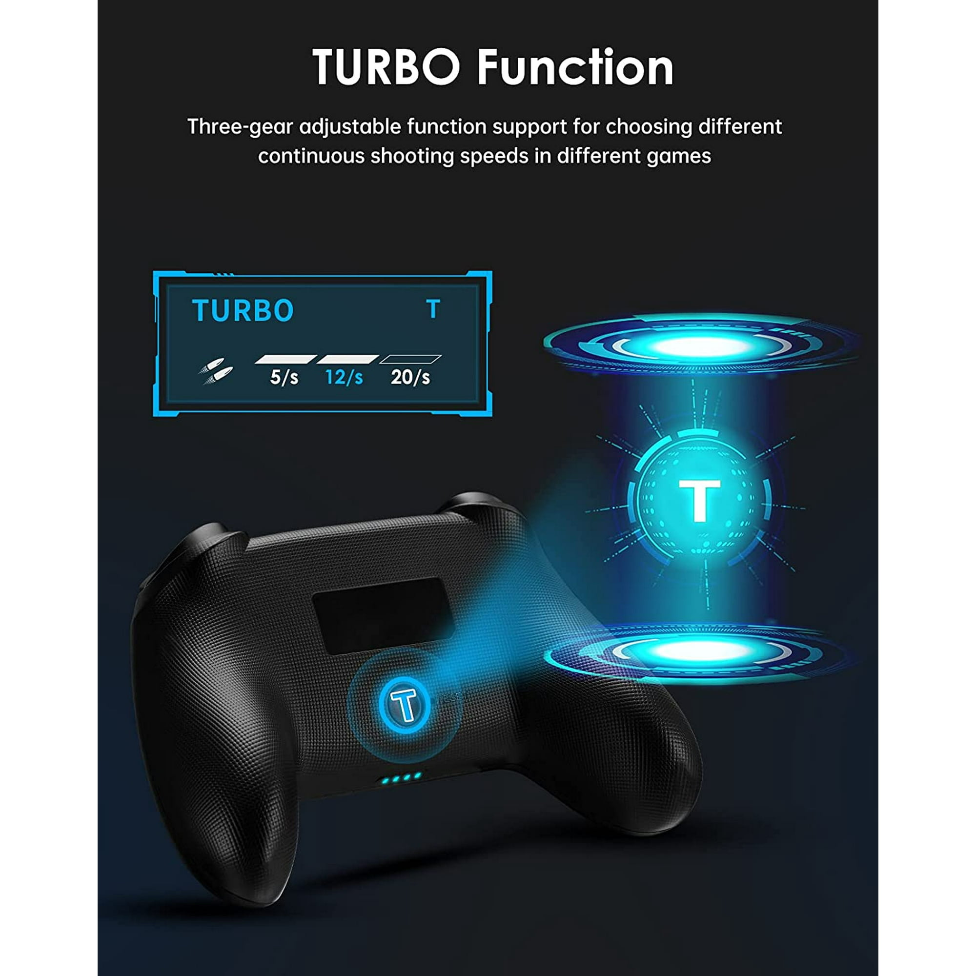 Schwarzer Gamecontroller mit Turbo-Funktionsgrafik. Zeigt einstellbare Geschwindigkeiten für Dauerfeuer.