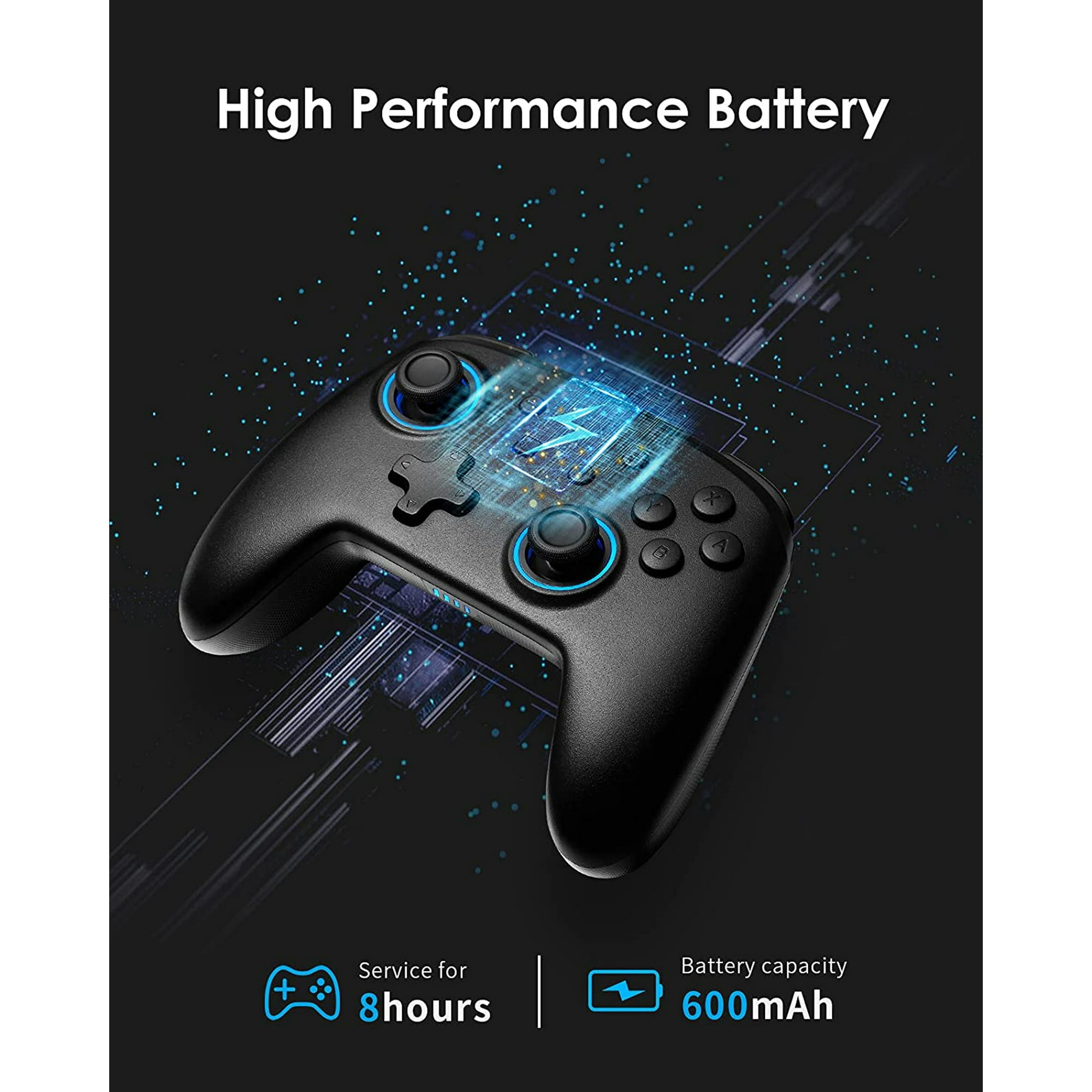Schwarzer Gamecontroller mit High-Performance-Akku-Grafik, zeigt 8 Stunden Service und 600 mAh Kapazität.