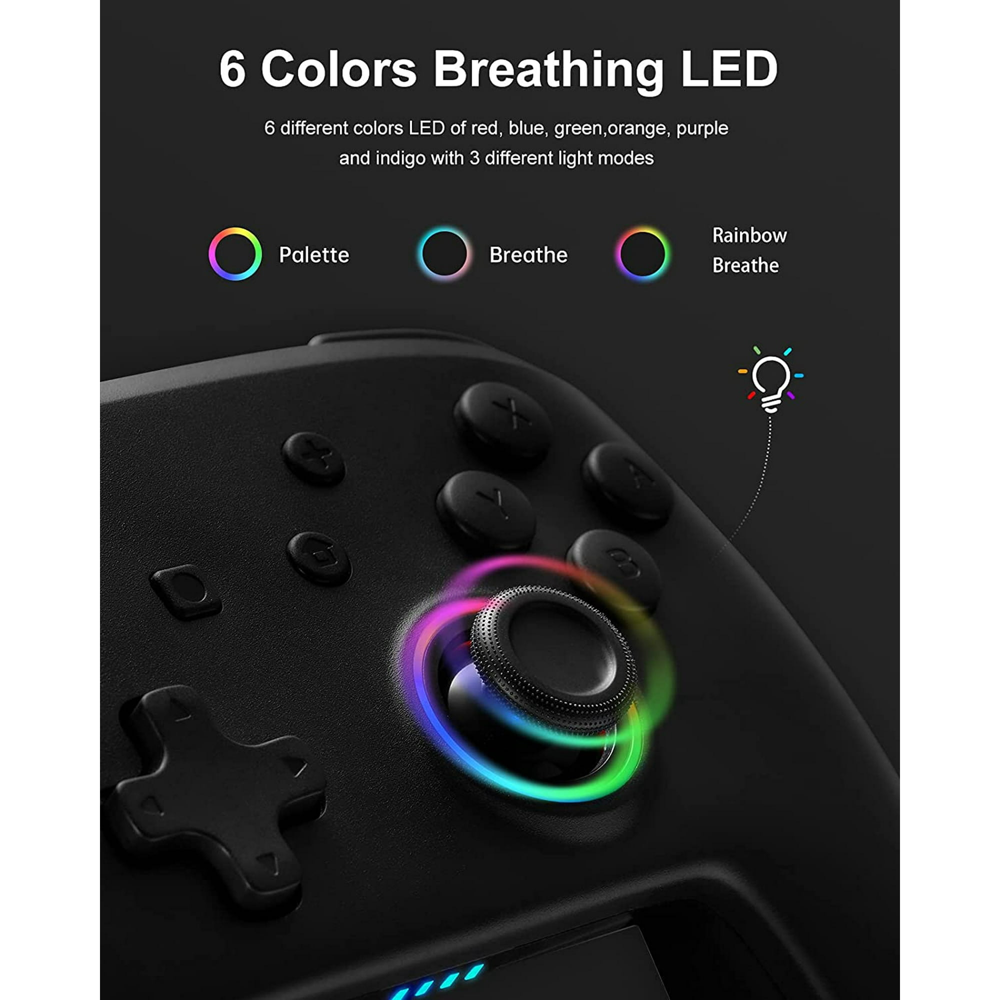 Nahaufnahme eines schwarzen Gamecontrollers mit farbenfrohem, regenbogenfarbenem Joystick und Knöpfen.