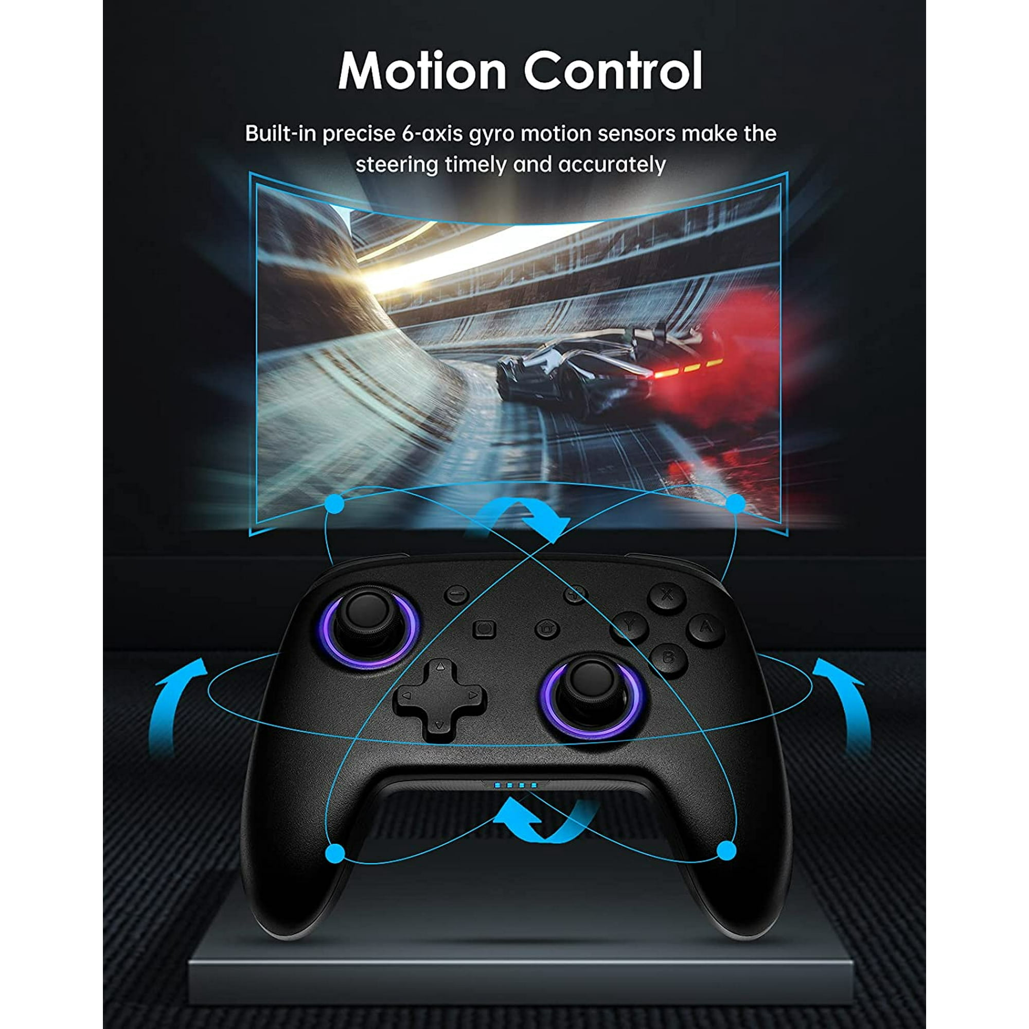 Schwarzer Gamecontroller mit Motion-Control-Grafik. Zeigt ein Auto, das auf einem Bildschirm Rennen fährt.