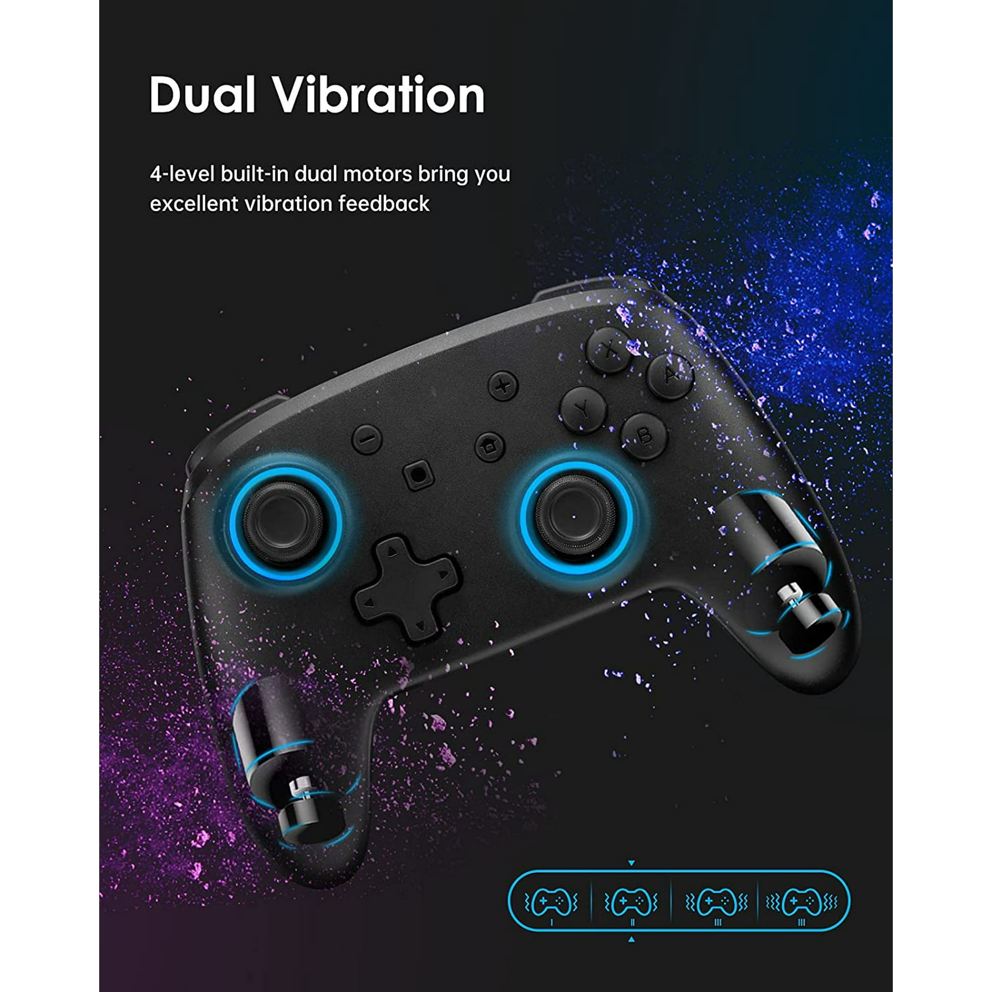 Schwarzer Gamecontroller mit blauen Lichtern. Knöpfe und Sticks sind vor dunklem Hintergrund sichtbar. Text: Dual Vibration.
