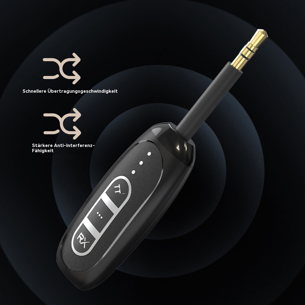 Schwarzer drahtloser Audio-Sender mit Knöpfen und 3,5-mm-Klinke, mit Pfeilen für Signalstärke.
