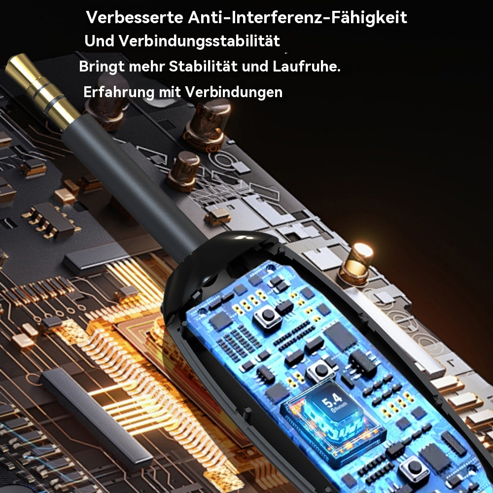 Nahaufnahme eines Audioanschlusses, der mit einer Leiterplatte verbunden ist, Text auf Deutsch.