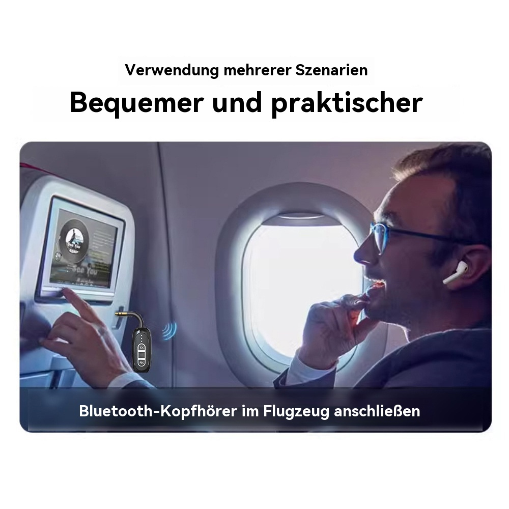 Mann benutzt Kopfhörer im Flugzeug. Text auf Deutsch: 'Bluetooth-Kopfhörer im Flugzeug anschließen'.