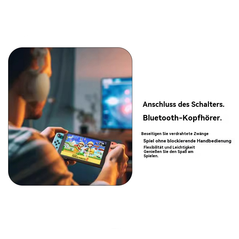 Mann spielt ein Spiel auf einer Konsole. Text auf Deutsch: 'Schalter anschließen. Bluetooth-Kopfhörer'.