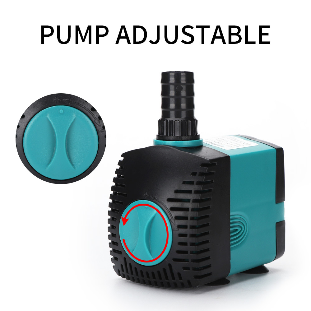 Pumpe mit schwarzem und tealfarbenem Gehäuse, einem tealfarbenen Drehknopf und rotem Pfeil.