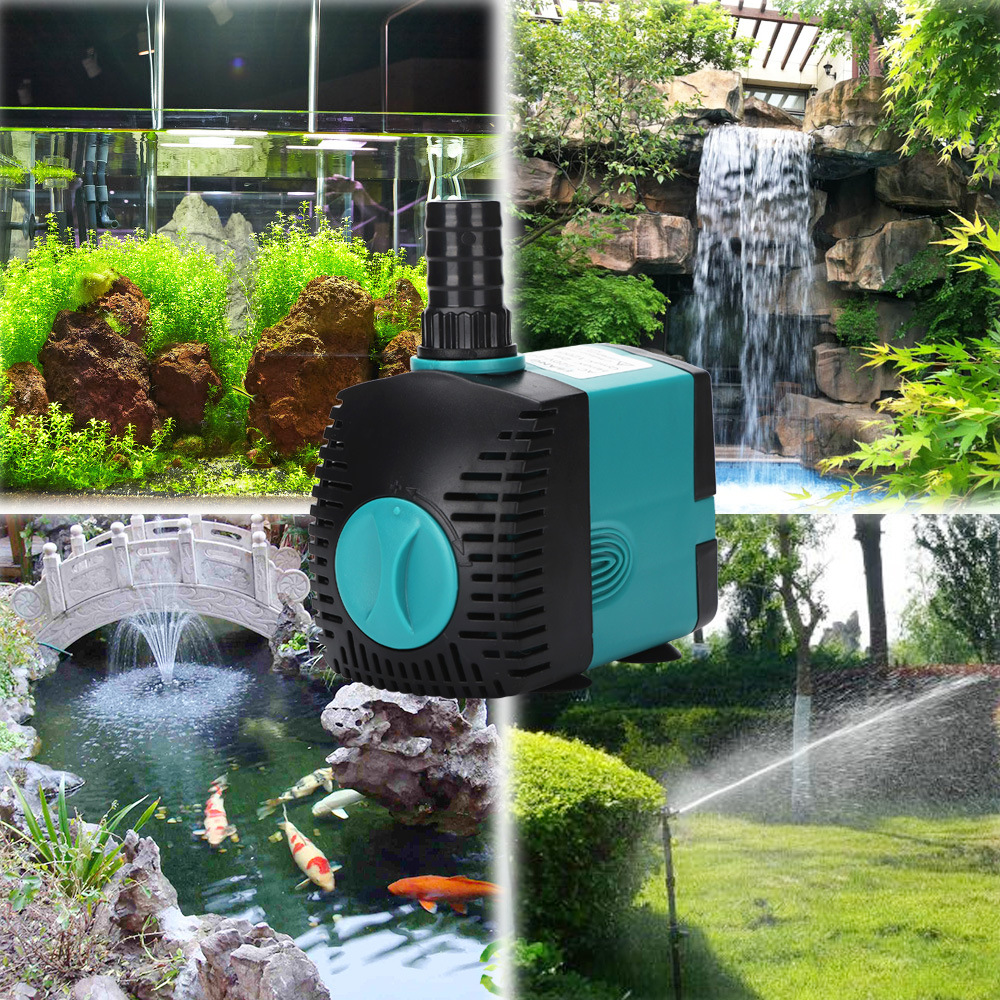 Eine Aquarium-Pumpe in verschiedenen Umgebungen: Wassergarten, Brunnen, Teich, Gras, Wasserfall und Pflanzen.