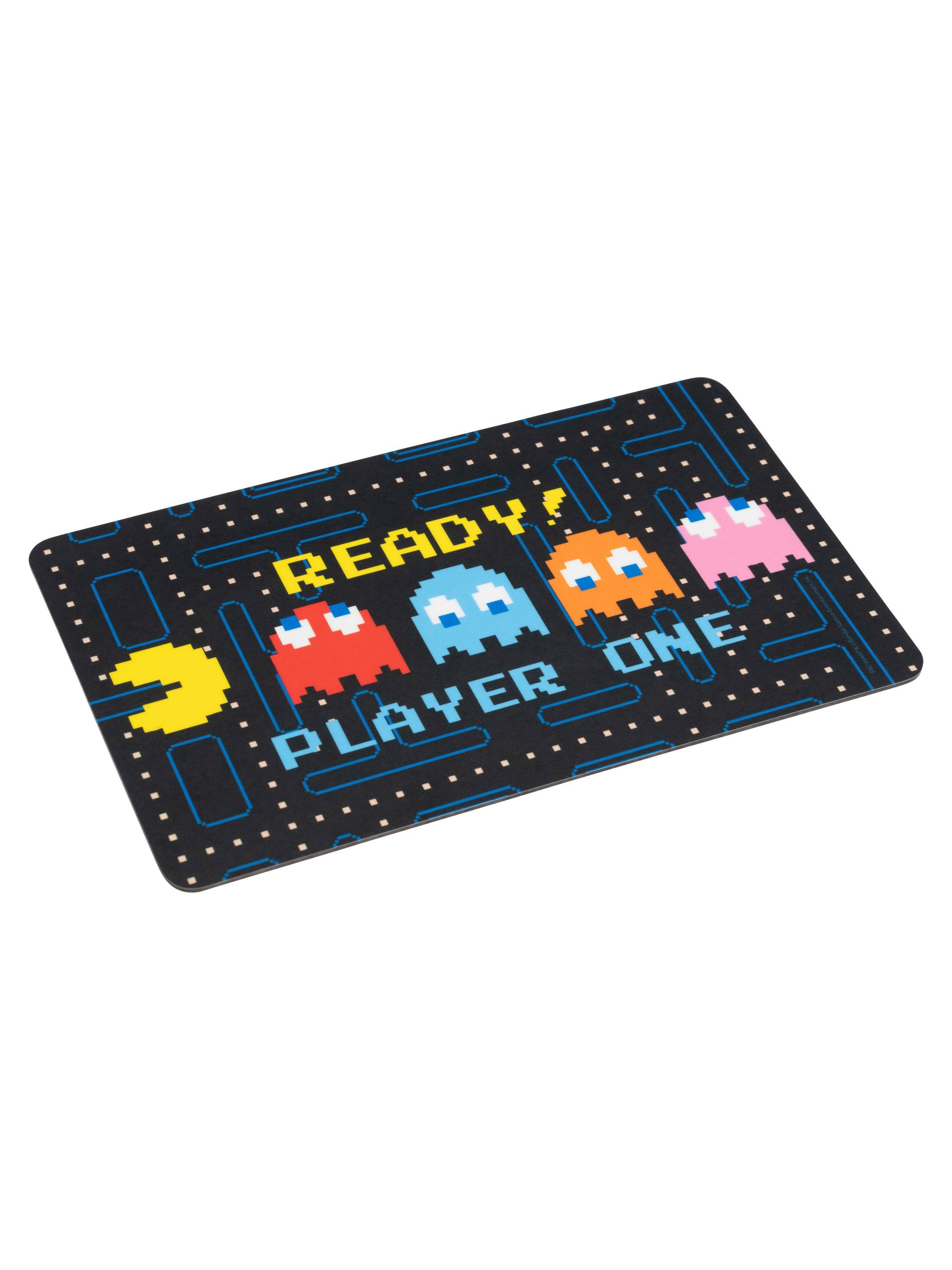Pac-Man-Matte. Schwarzer Hintergrund, gelber Pac-Man und Geister in Rot, Blau, Orange und Pink.
