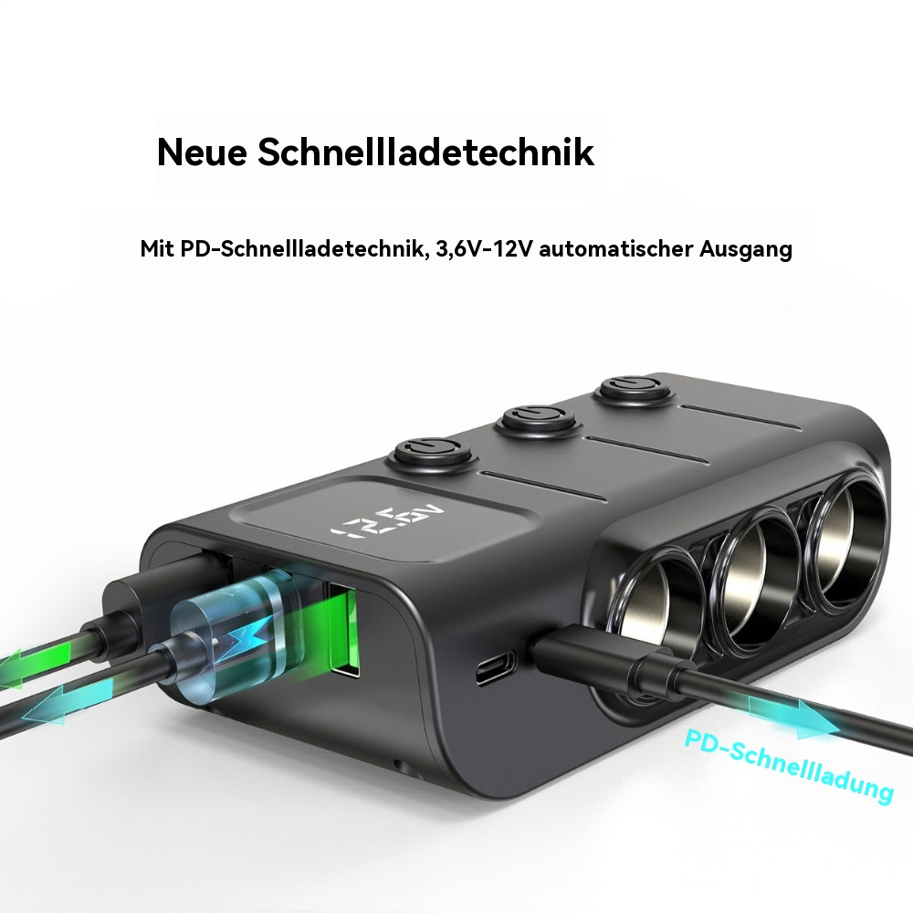Schwarze Steckdose mit USB-Anschlüssen, blaues Ladekabel und deutscher Text.