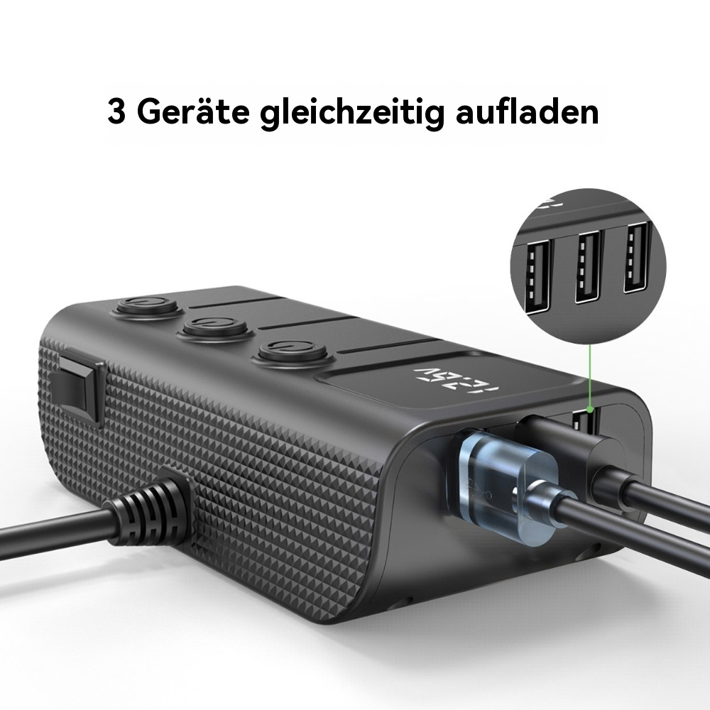 Schwarze Powerbank mit mehreren USB-Anschlüssen, einem Display und angeschlossenen Ladekabeln.
