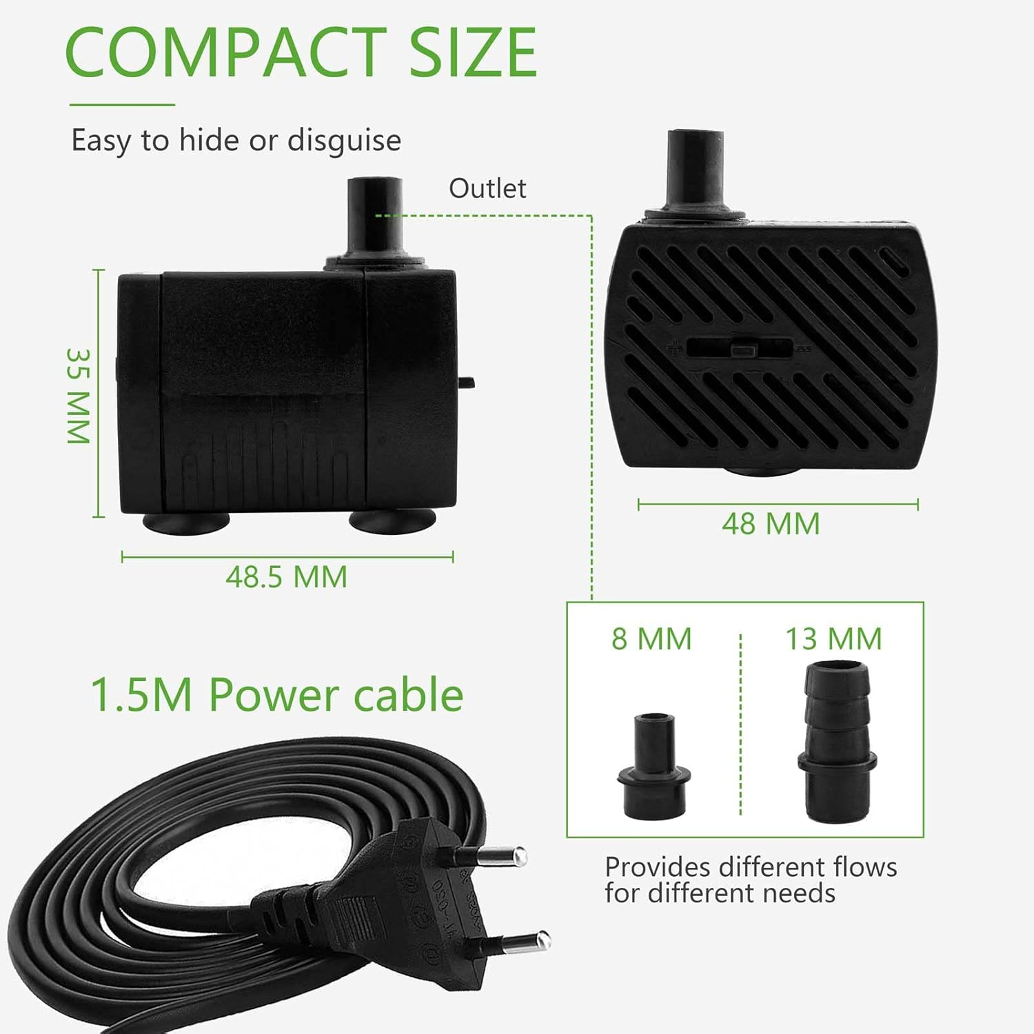 Schwarze Wasserpumpe mit Abmessungen und Netzkabel. Die Pumpe hat eine Düse und ein 1,5 m langes Netzkabel.