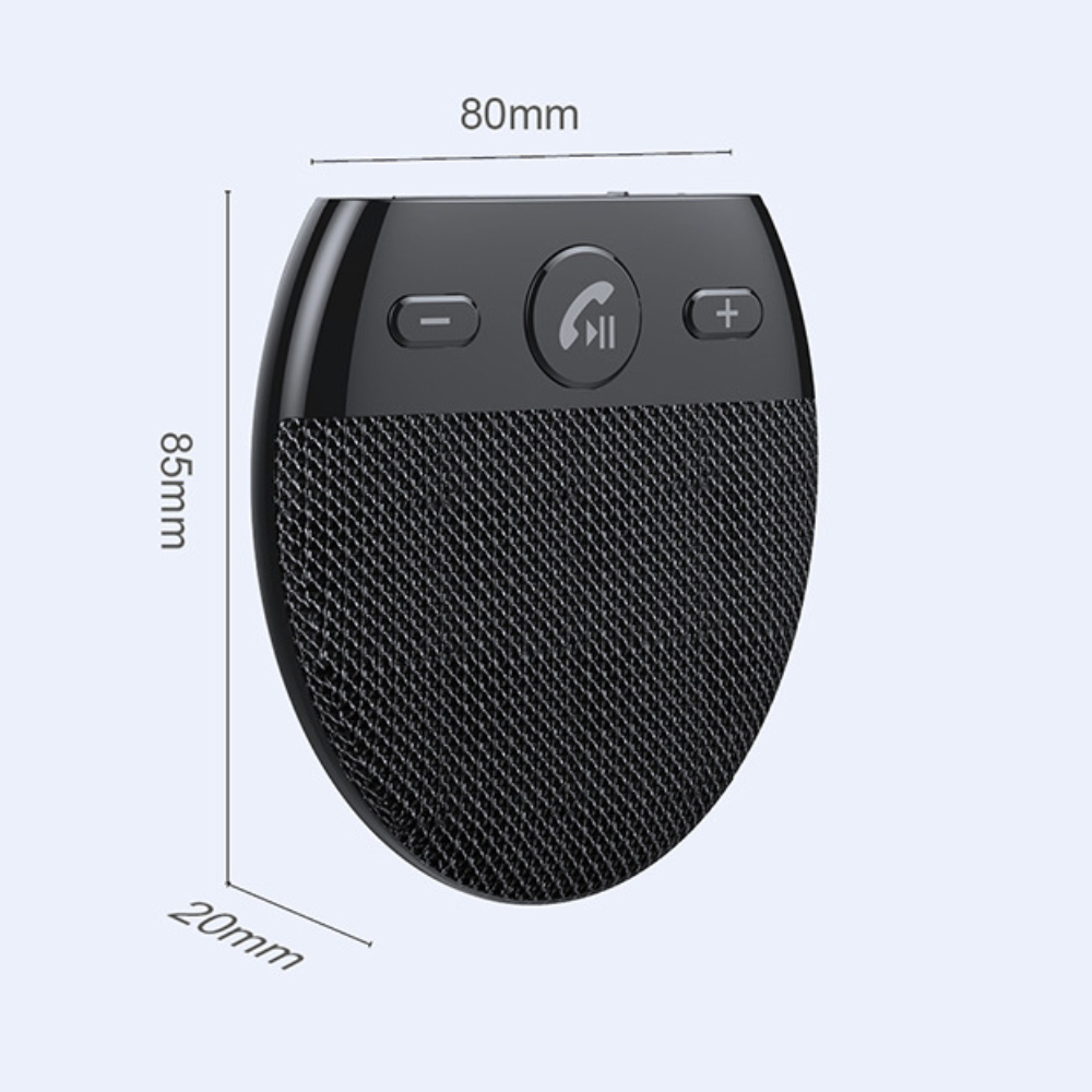 Schwarzes ovales Bluetooth-Gerät mit den Maßen 80 mm x 85 mm x 20 mm, mit Steuertasten.