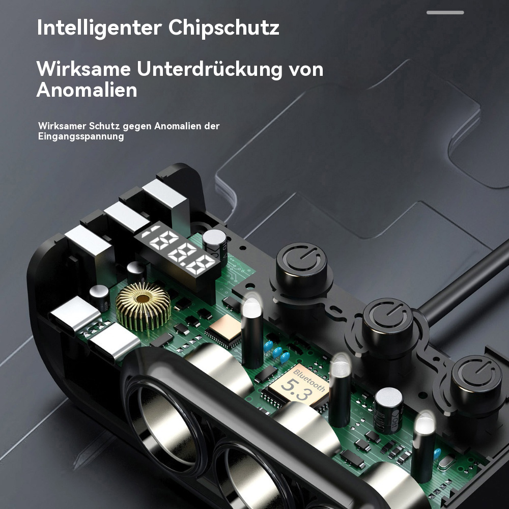 Nahaufnahme eines schwarzen elektronischen Geräts mit Digitalanzeige und verschiedenen Komponenten.