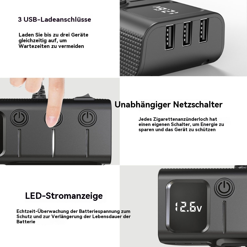 Nahaufnahme einer schwarzen Steckdosenleiste mit USB-Anschlüssen und Schaltern. Text auf Deutsch.