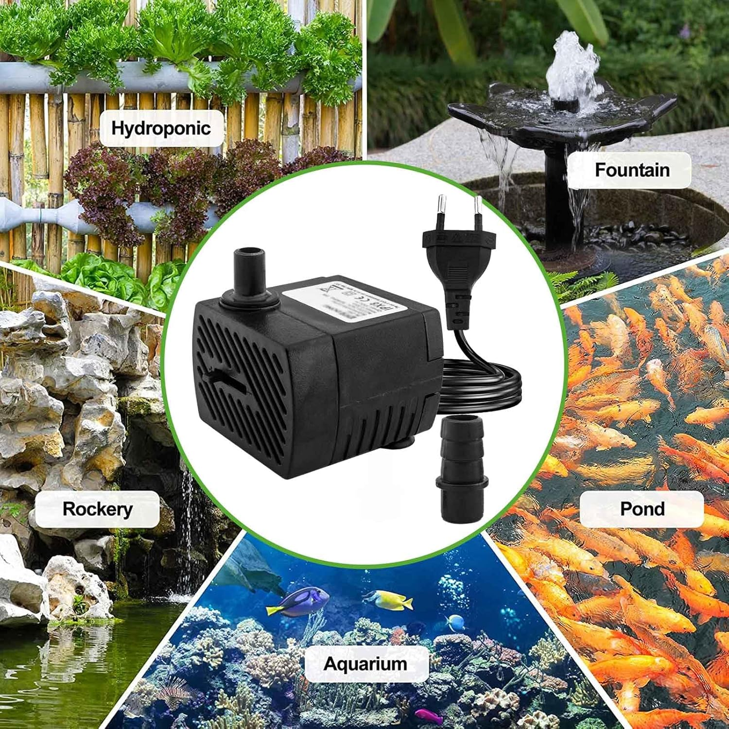 Collage: Hydrokultur, Brunnen, Teich, Aquarium und Felsen mit Wasserpumpe.