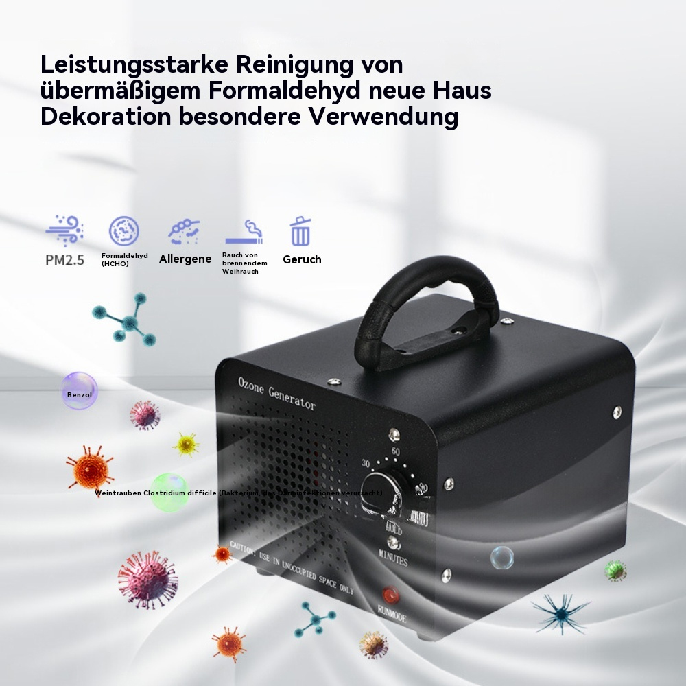 Schwarzer Ozongenerator mit Knöpfen und Griff. Verschiedene Partikel werden gezeigt.