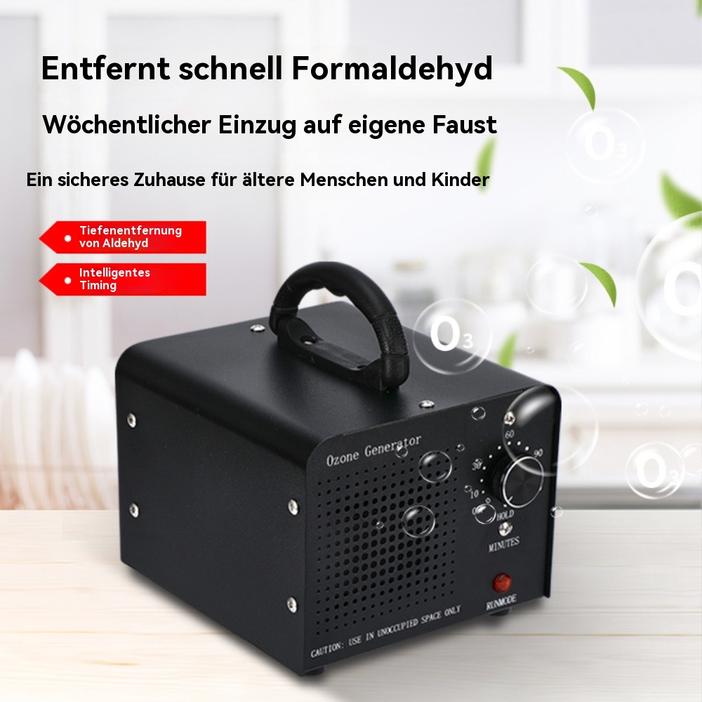 Schwarzer Ozongenerator mit Text, weißer Hintergrund, Produktaufnahme, Luftreiniger.