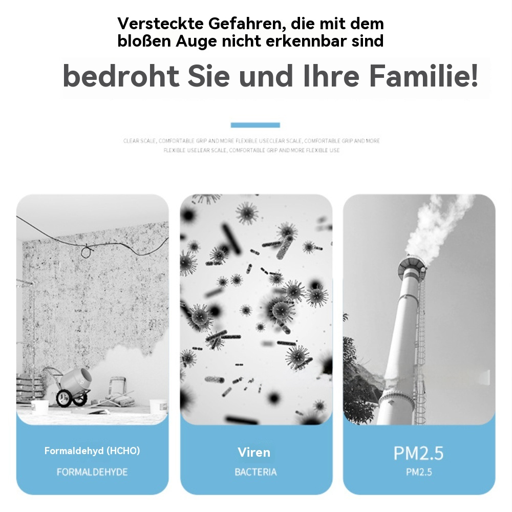 Grafik mit Bildern von Formaldehyd, Bakterien und PM2.5. Text warnt vor versteckten Gefahren.