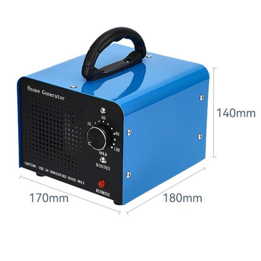 Blauer Ozongenerator mit Knöpfen und Griff. Abmessungen sind angegeben.