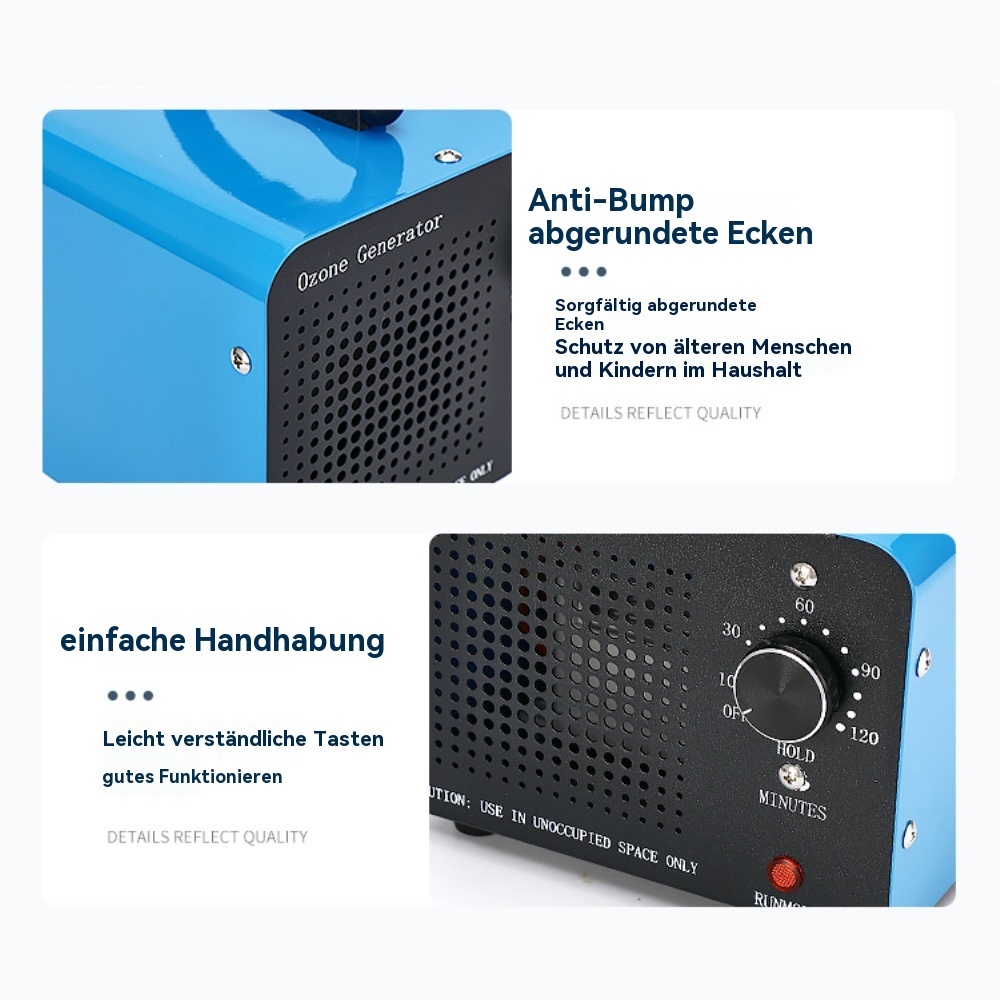 Ein blauer Ozongenerator mit Text und schwarzen Details. Es zeigt ein Bedienfeld mit einem Drehknopf.
