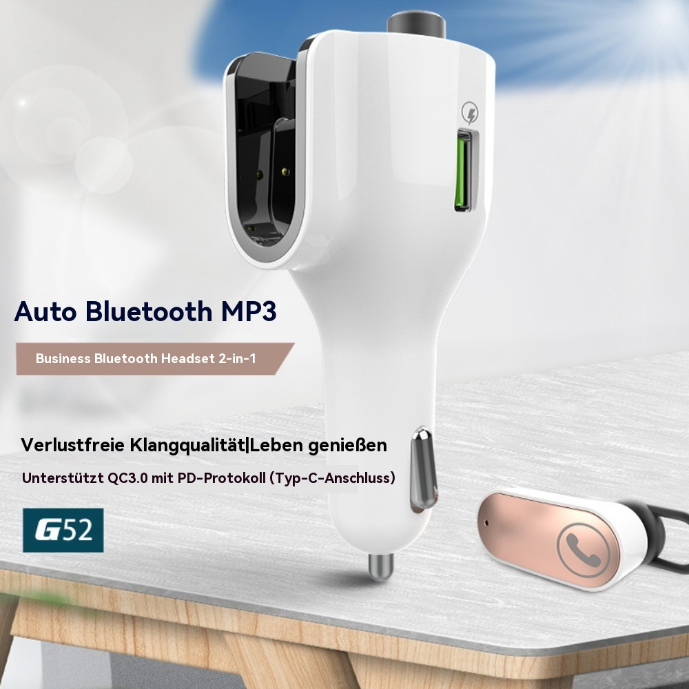 Weißes Auto-Bluetooth-MP3-Gerät mit abnehmbarem Headset. Produkt auf weißem Untergrund.