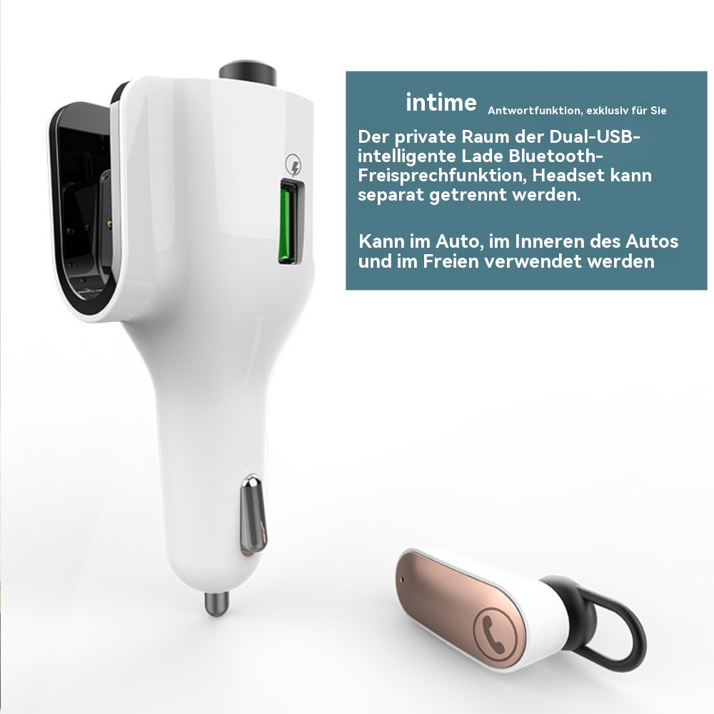 Weißes Autoladegerät mit Headset. Text weist auf Dual-USB- und Bluetooth-Funktionen für Anrufe hin.