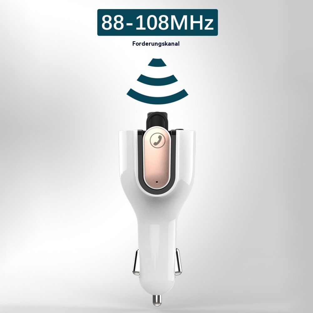 Weißes Autoladegerät mit Telefon-Symbol und Text, der den Frequenzbereich 88-108 MHz angibt.