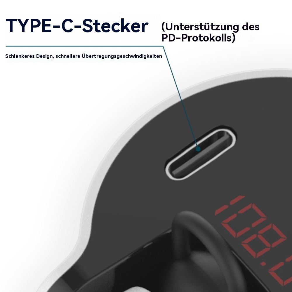 Nahaufnahme eines schwarzen USB-C-Anschlusses mit Text und einem Pfeil, der darauf zeigt. Weißer Hintergrund.