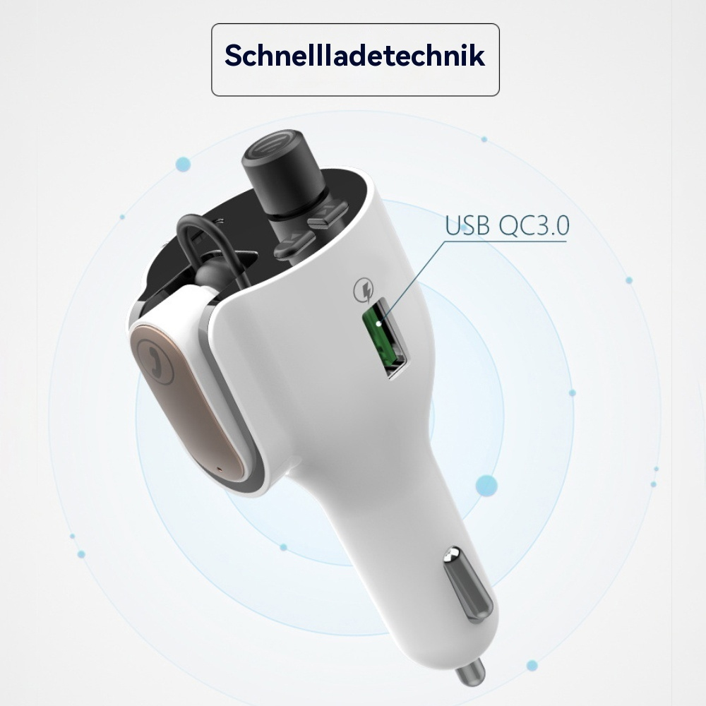 Kfz-Ladegerät mit USB-Anschluss, Text: USB QC3.0. Text: Schnellladetechnik.