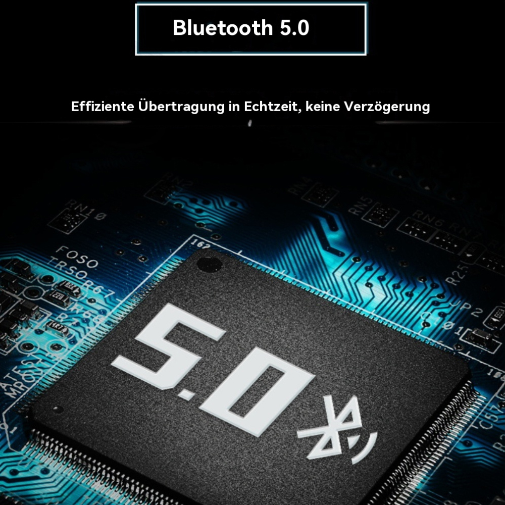 Nahaufnahme eines Mikrochips mit dem Text '5.0' und einem Bluetooth-Symbol, mit Text darüber und darunter.