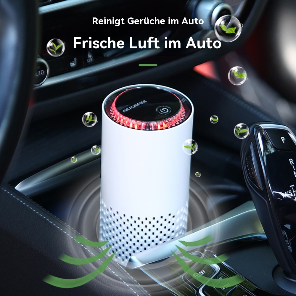 Weißer Luftreiniger in einem Auto, mit Text auf Deutsch: Reinigt Gerüche, frische Luft.