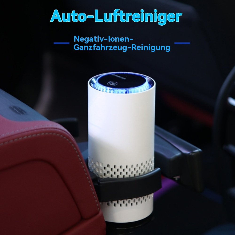 Weißer Auto-Luftreiniger in einem Getränkehalter. Der Text 'Auto-Luftreiniger' ist sichtbar.