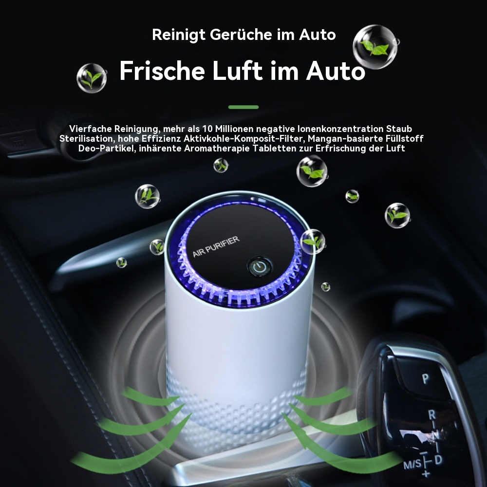 Weiß-blauer Luftreiniger in einer Autoszene. Text zur Luftreinigung und -erfrischung.