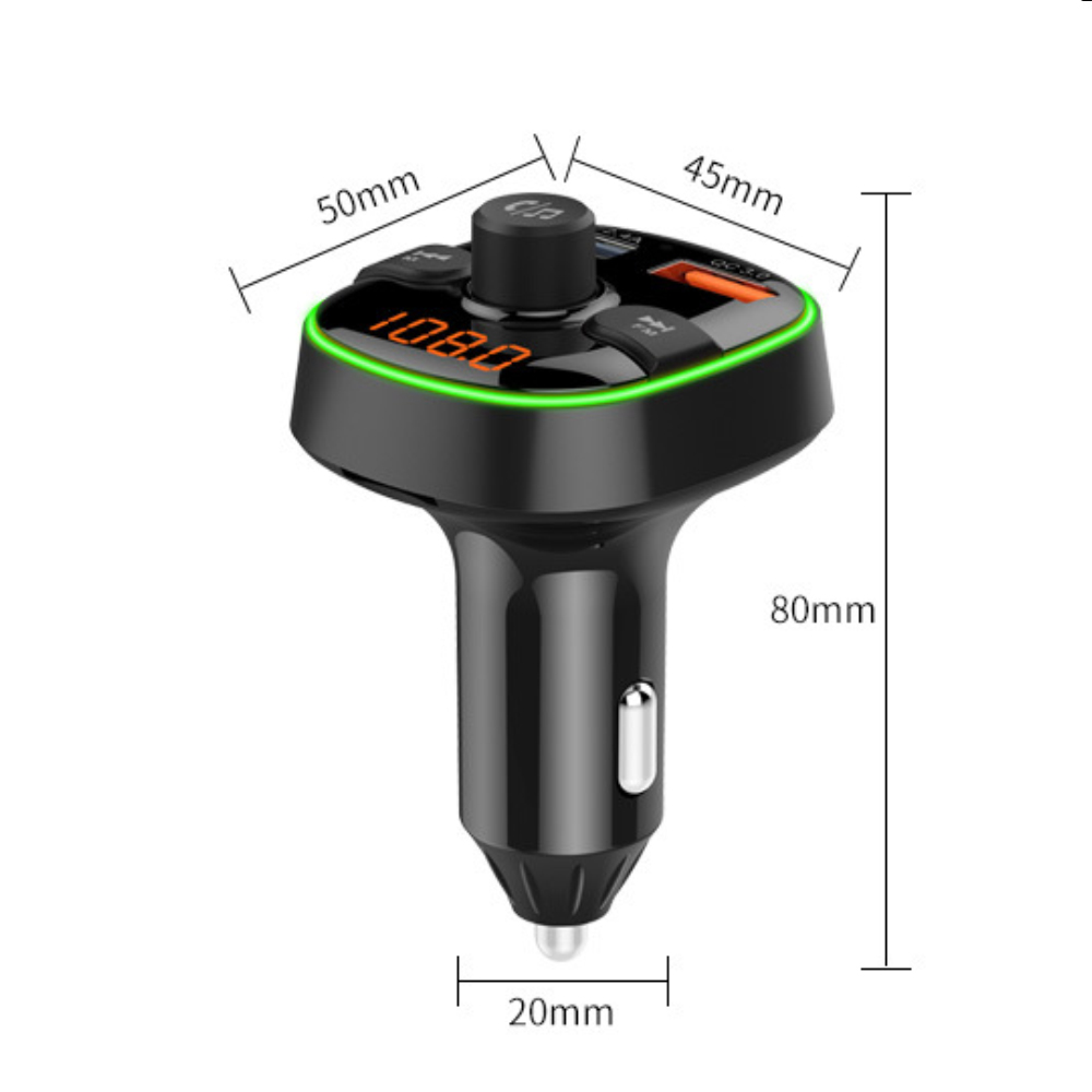 Schwarzes Autozubehör mit den Abmessungen 50 mm x 45 mm x 80 mm und einem Digitaldisplay mit 108,0.