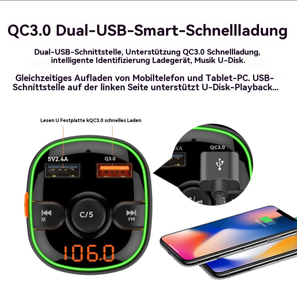Kfz-Ladegerät mit zwei USB-Anschlüssen und Telefon auf jeder Seite.