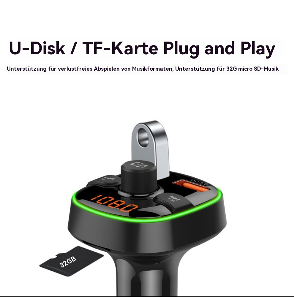 Schwarzes U-Disk/TF-Karte Plug and Play Gerät mit 32GB Micro-SD-Karte und grün beleuchtetem Display.