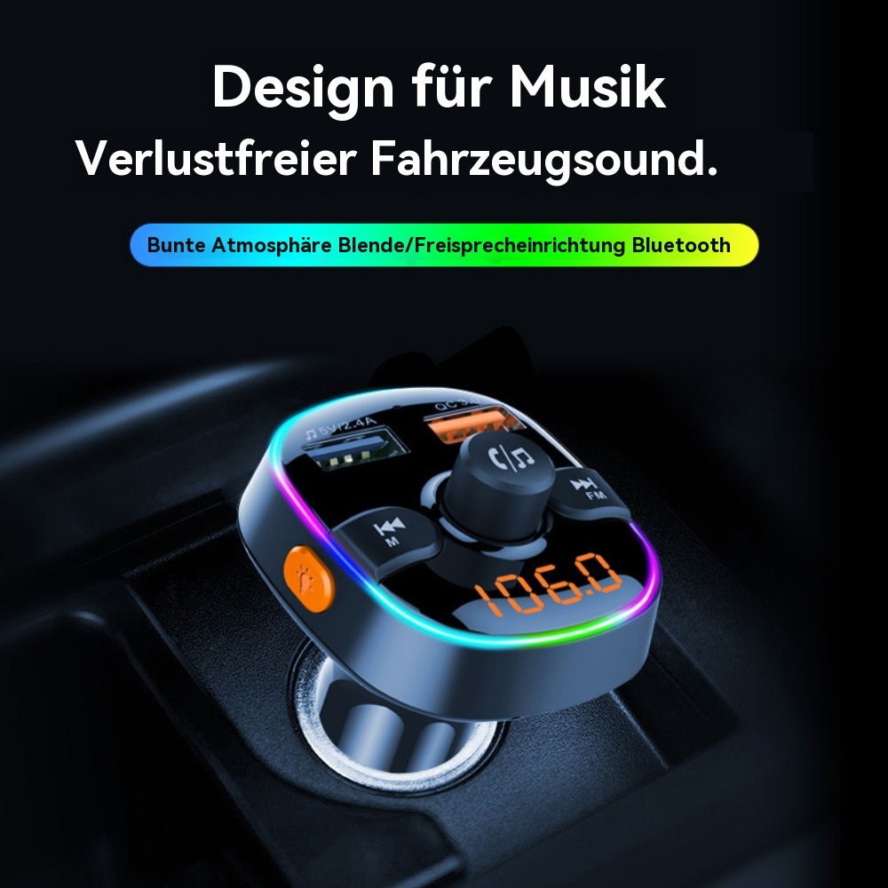 Schwarzes und mehrfarbiges Musikgerät mit Knöpfen und einem Display, das 106,0 anzeigt. Lichter am Rand.