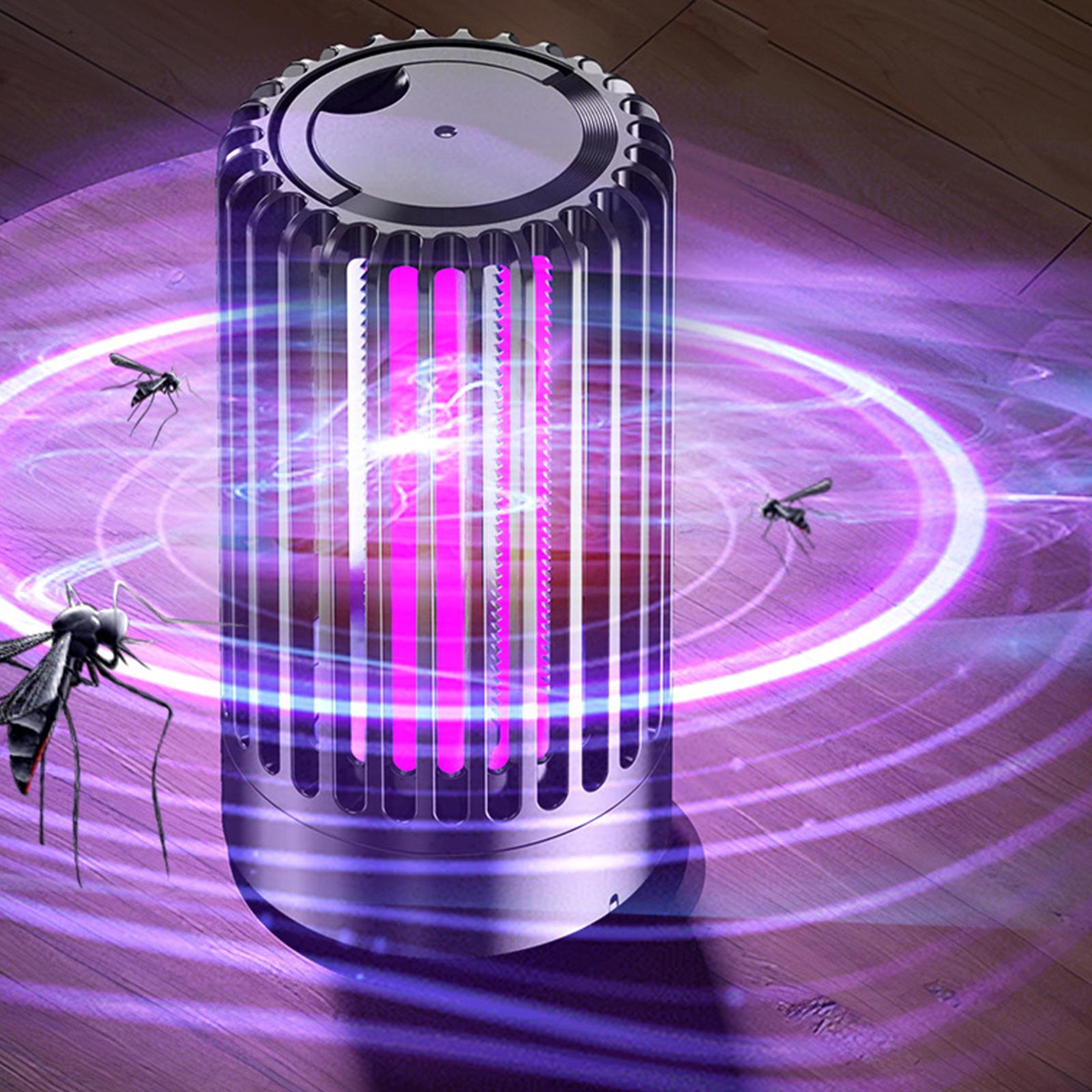 Ein Mückentötungsgerät mit lila Licht und Mücken drumherum.
