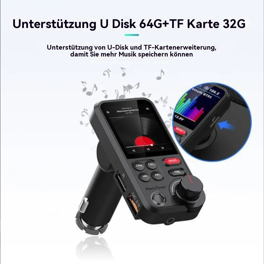 Ein schwarzes Gerät mit Bildschirm ist an ein Autoladegerät angeschlossen. Musikalische Noten.