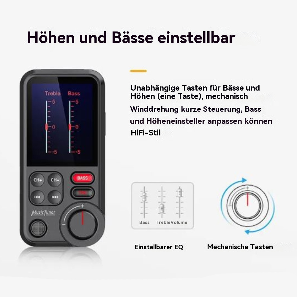 Ein schwarzer Musik-Tuner mit einstellbaren Höhen- und Basseinstellungen. Er hat auch EQ- und mechanische Tasten.