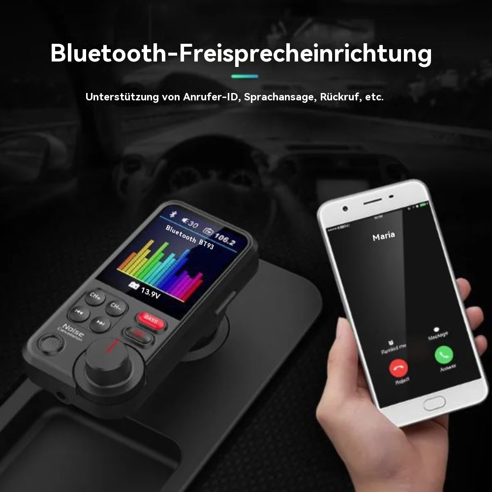 Freisprecheinrichtung im Auto mit Anruf von Maria auf dem Telefon und Bluetooth-Gerät mit Bildschirm.