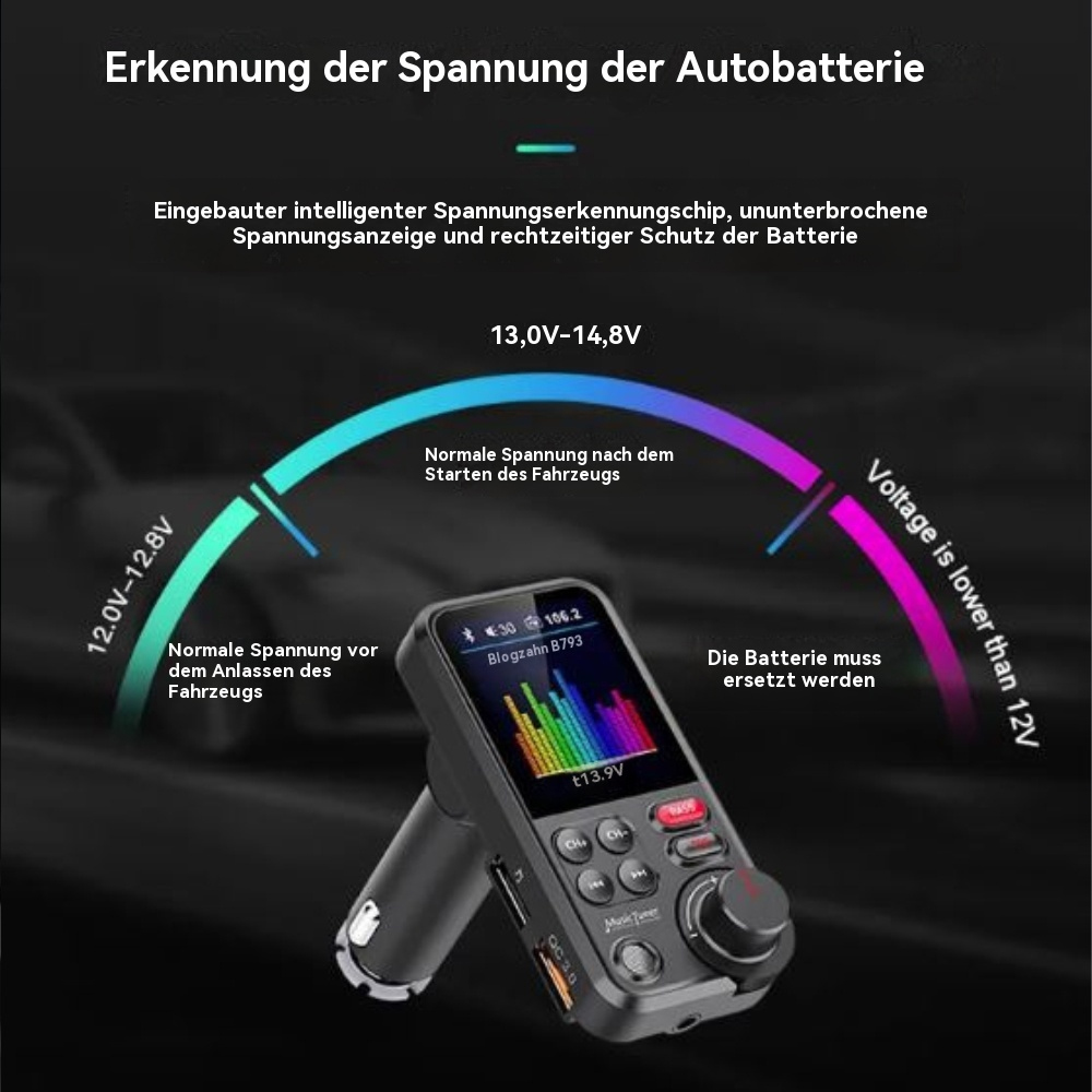 Diagramm, das die Autobatteriespannung und ein Bluetooth-Gerät mit 13,9 V anzeigt, mit deutschem Text.