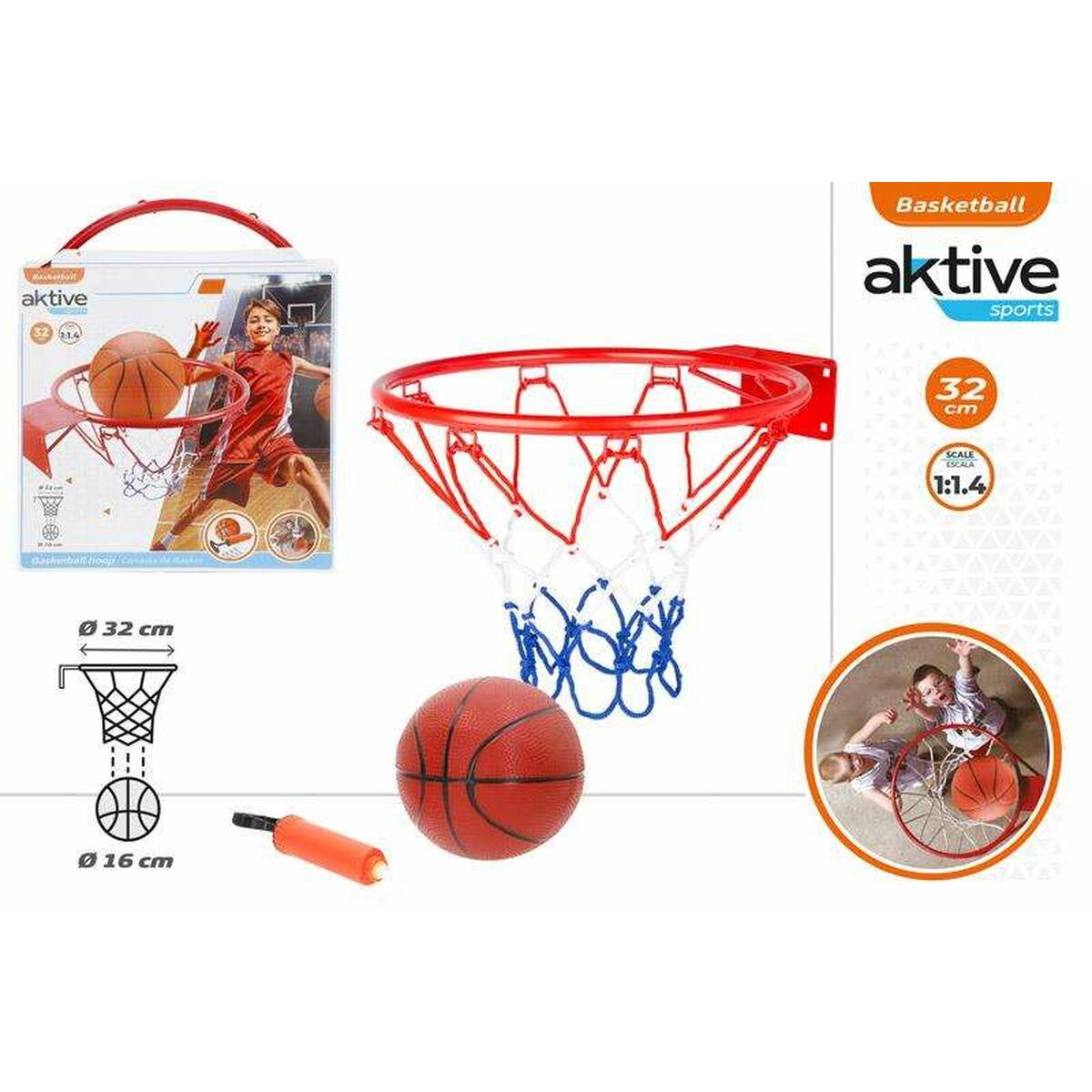 Basketballkorb-Set mit Basketball, Netz und Illustration eines Kindes auf der Box.