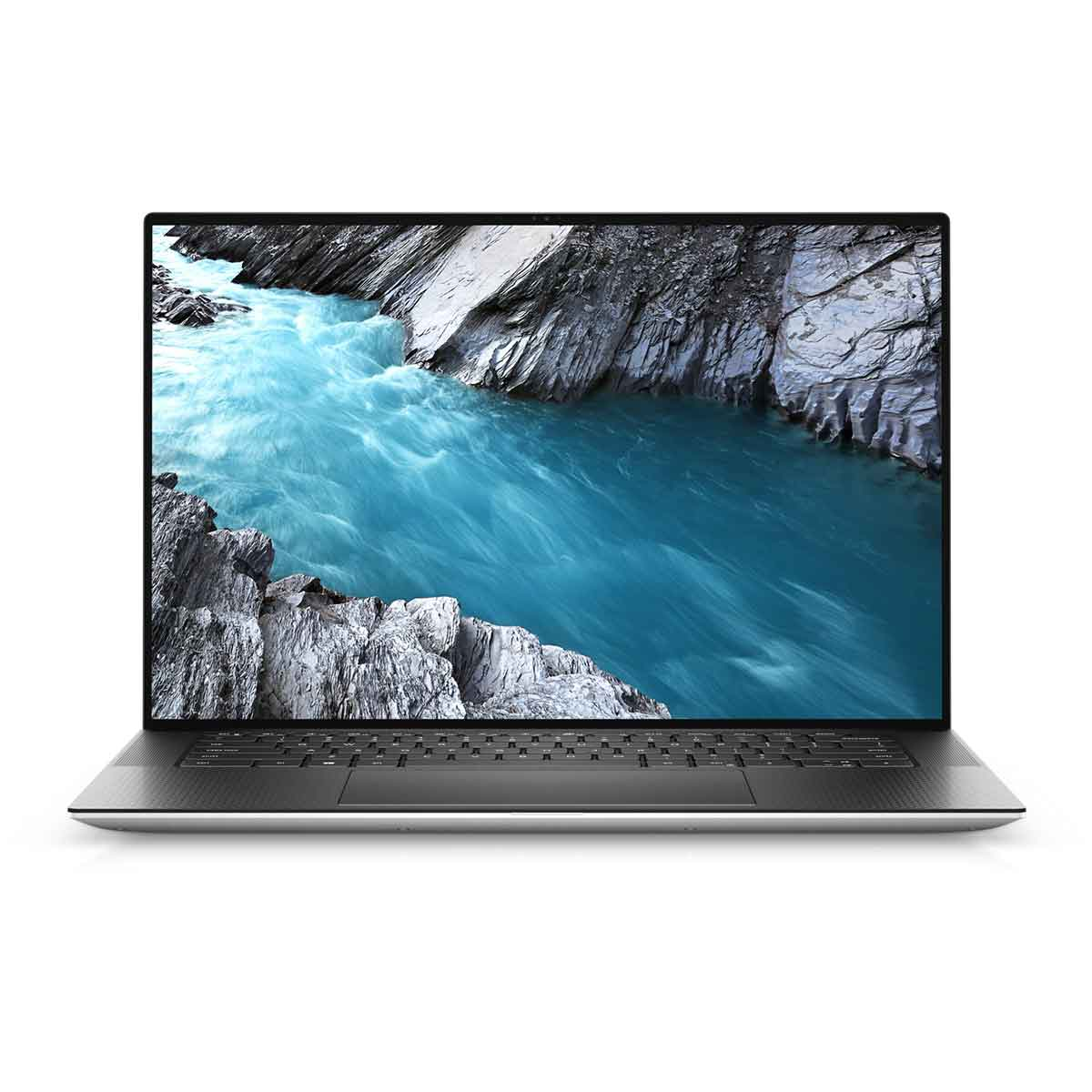 Laptop mit Bildschirm, der eine Flussszene zeigt; der Laptop ist geöffnet.