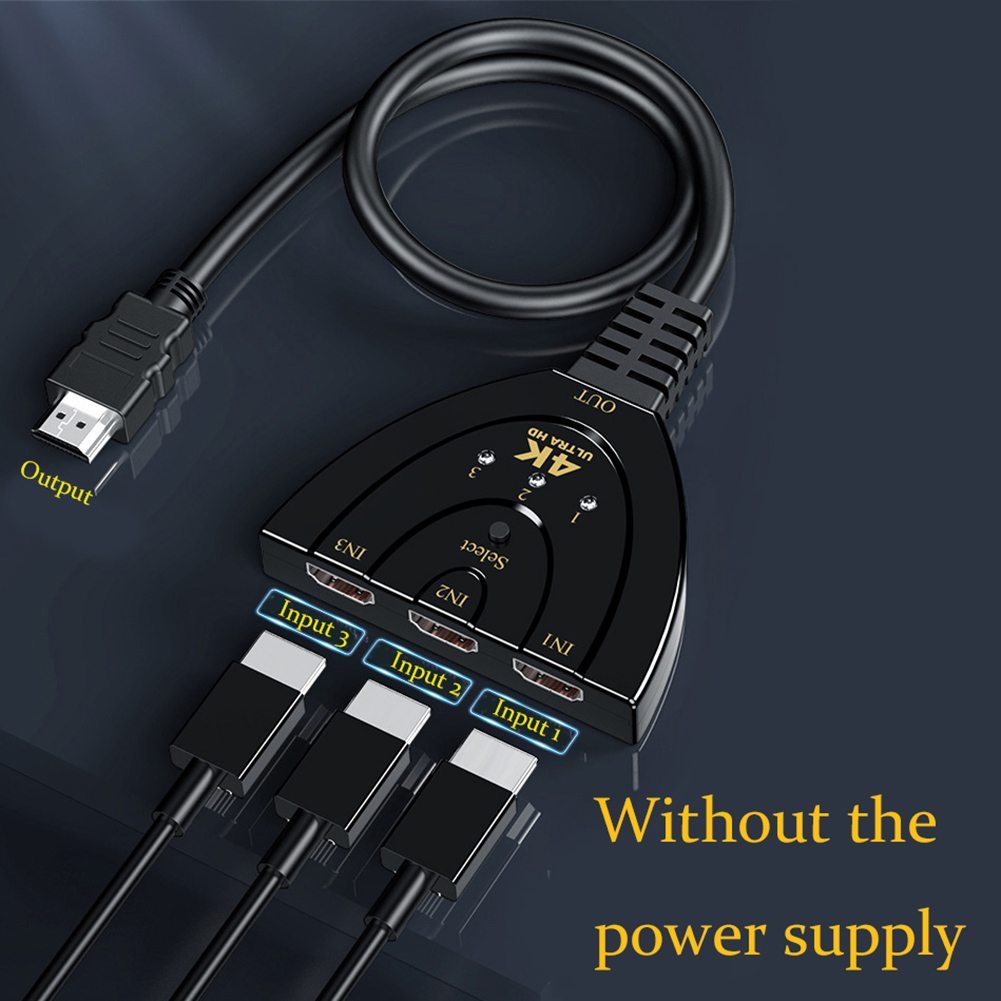Schwarzer HDMI-Switch mit mehreren Eingängen und Kabel. Beschriftungen: Input 1,2,3, Output und 4K Ultra HD.