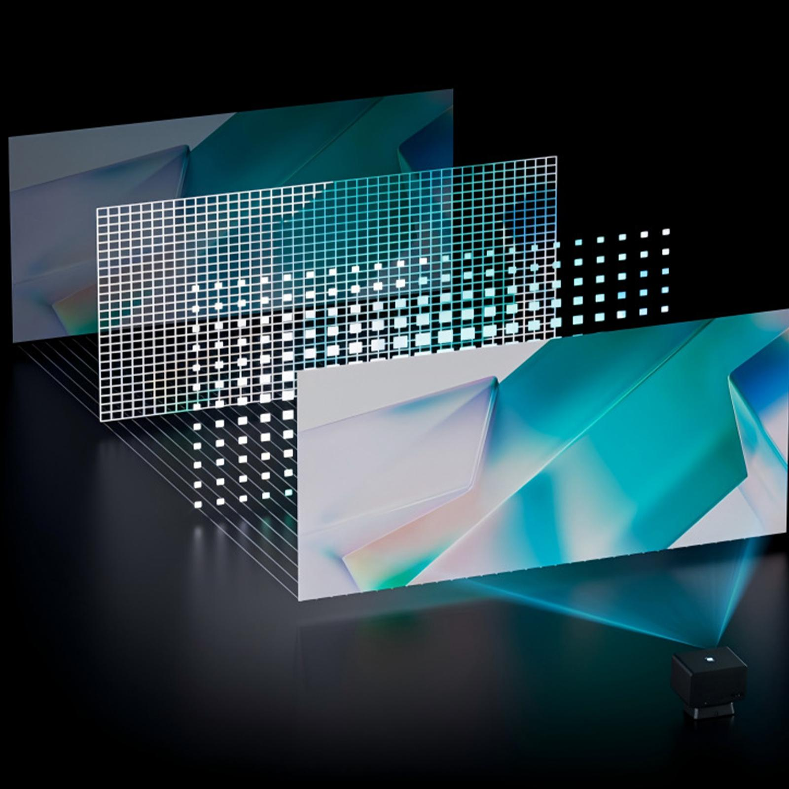 Abstraktes Bild geometrischer Formen mit einem Rastermuster-Overlay. Der Hintergrund ist dunkel mit einem kleinen schwarzen Quadrat.