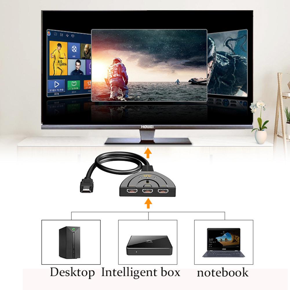 HDMI-Switch mit mehreren angeschlossenen Geräten, die auf einem Bildschirm mit der Aufschrift 'HOWEI' angezeigt werden.
