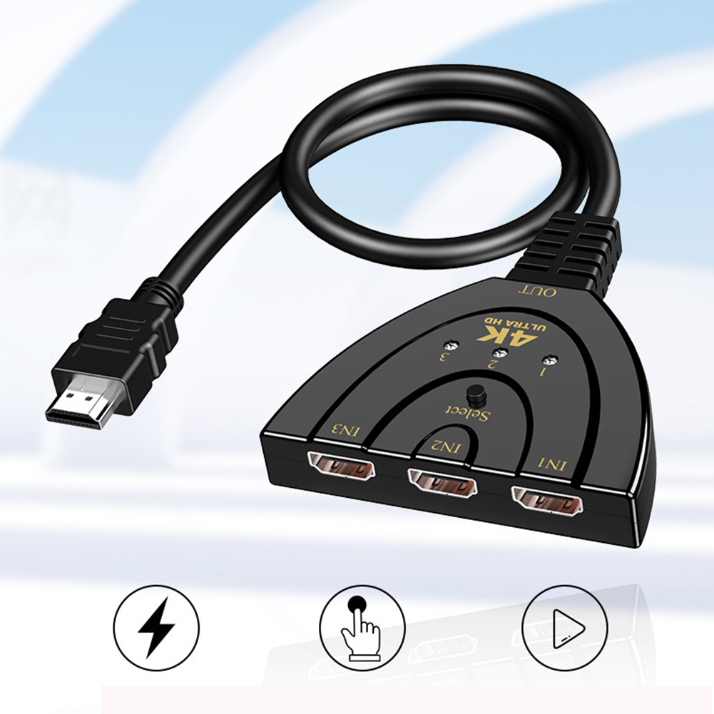 HDMI-Switch mit mehreren Eingangsanschlüssen und einem einzigen Ausgang, schwarz und grau.