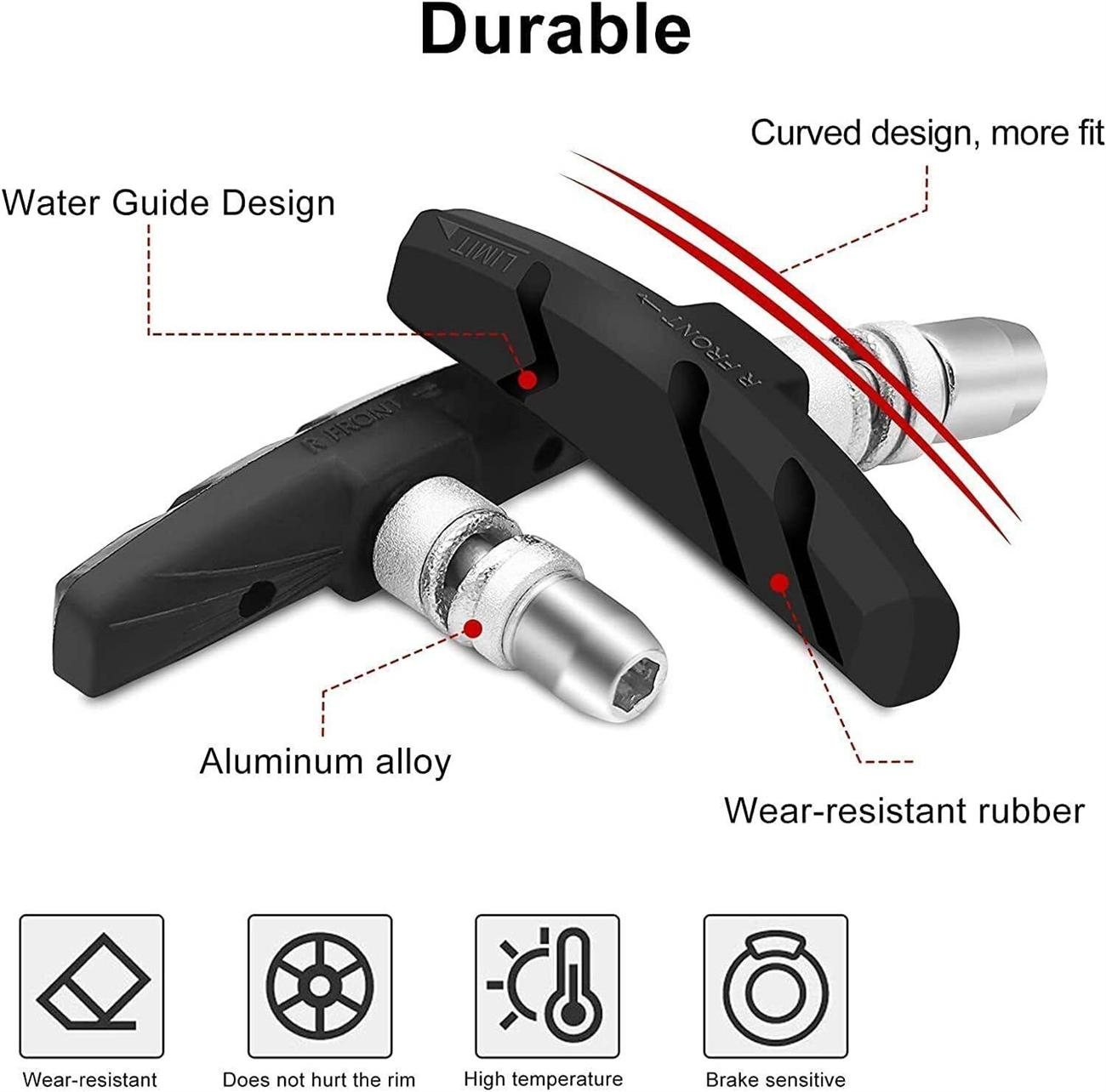 Fahrradbremsbeläge, gekennzeichnet mit Merkmalen wie abriebfestem Gummi und Aluminiumlegierung.